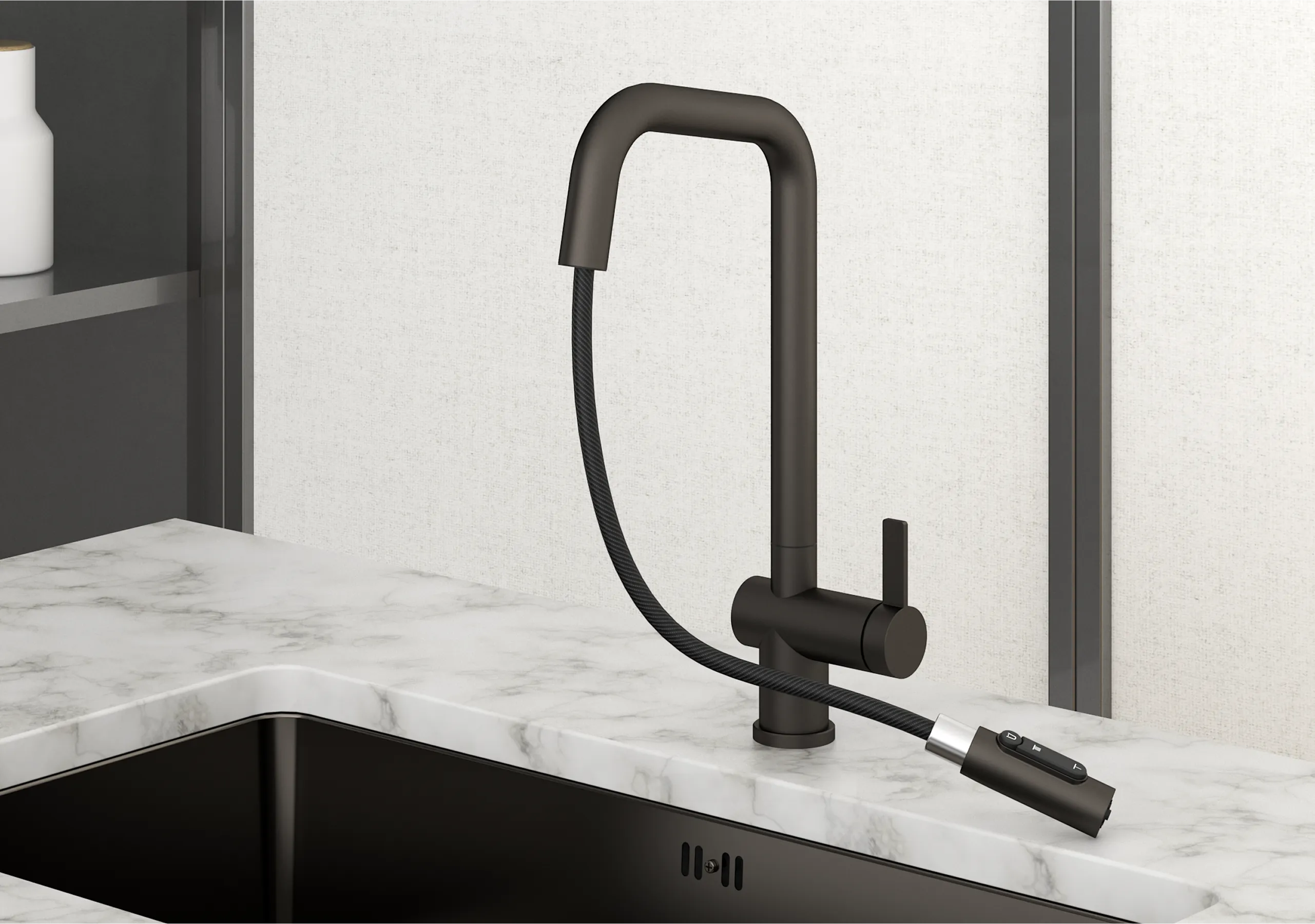 KS-7273, ГРАФИТ МАТОВЫЙ, Смеситель кухонный с выдвижным изливом с переключением на душ и фильтром,сталь